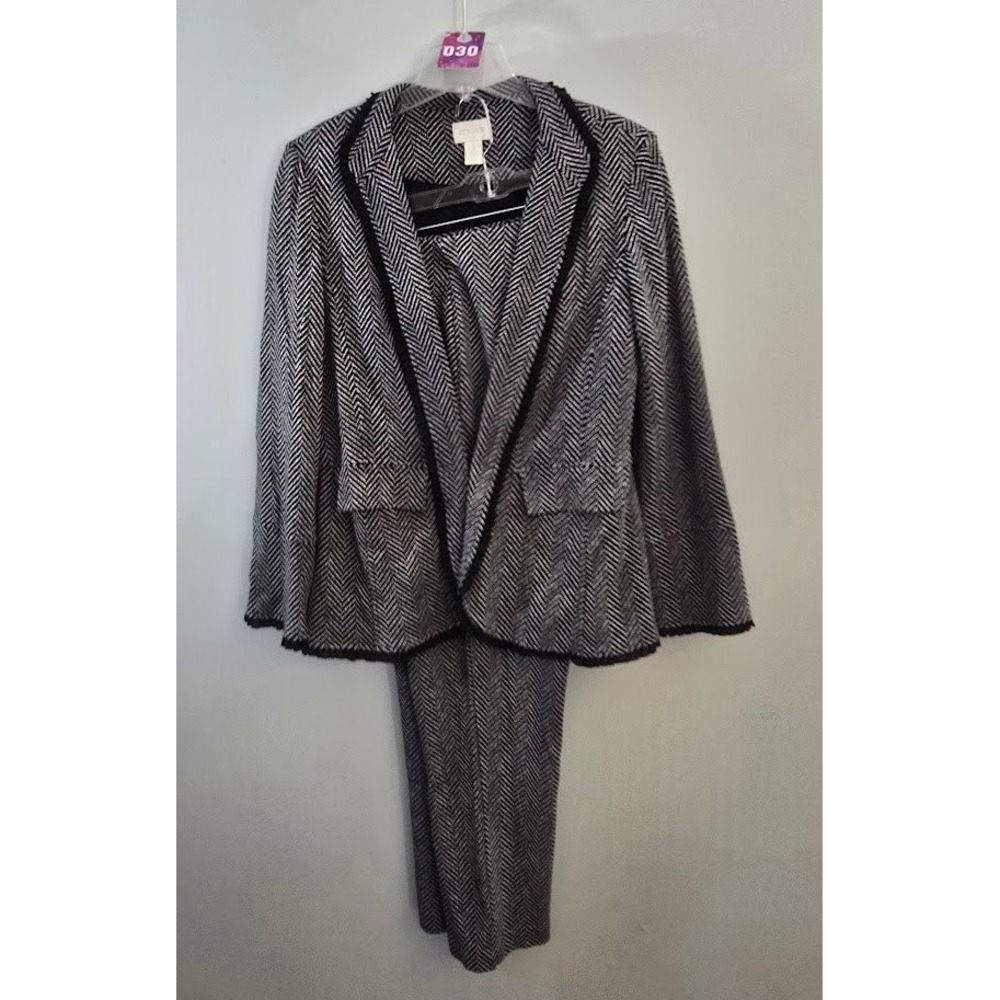 Chico's Womens Pant Suit Black White Herringbone Ankle Ruffle Trim Size 2 / 2.5